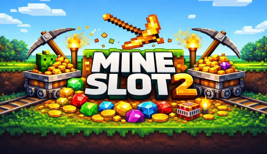 Sopra il testo vola un piccone d'oro pixelato. Ai lati del logo ci sono due carrelli da miniera su rotaie carichi di pepite d'oro, sormontati da picconi di pietra e torce accese.