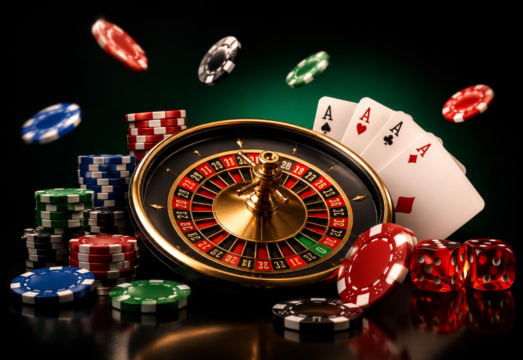 Una ruota della roulette dorata circondata da fiches da casinò impilate e volanti, quattro assi di poker e due dadi rossi su uno sfondo verde sfumato.