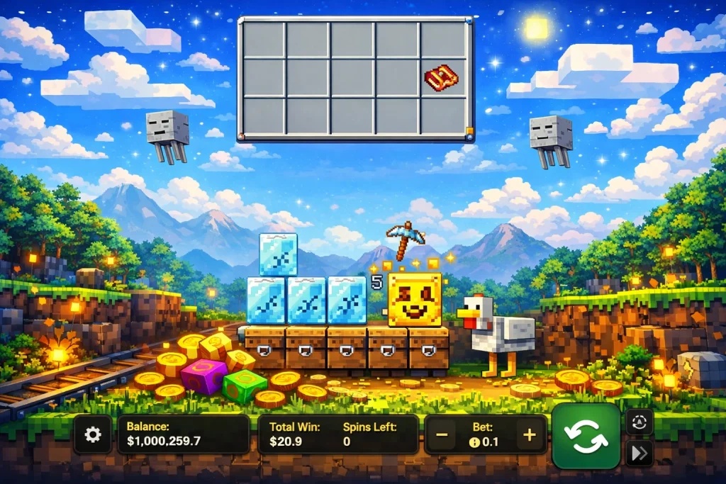 Schermata di gioco digitale con grafica a blocchi pixelata. Lo sfondo mostra colline verdi, montagne, alberi, un cielo azzurro con nuvole e due creature cubiche bianche e volanti simili a Ghast.