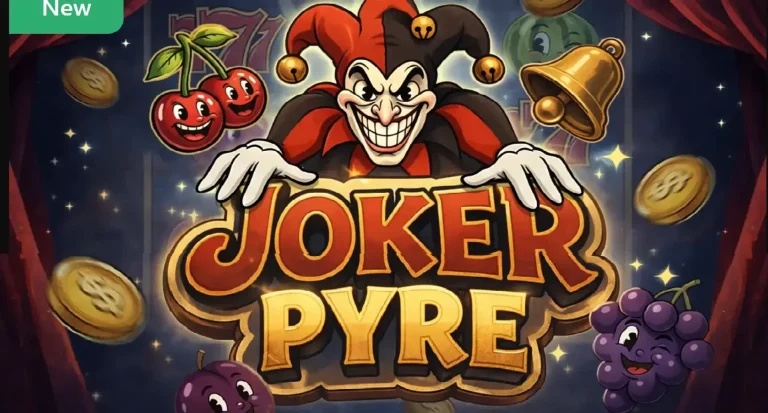 Al centro campeggia la scritta tridimensionale "JOKER PYRE" in lettere dorate e rosse con contorno marrone.