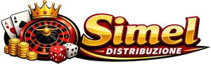 Logo Simel Distribuzione con elementi grafici di gioco d'azzardo come una roulette, fiches dorate, dadi e carte da gioco su sfondo nero
