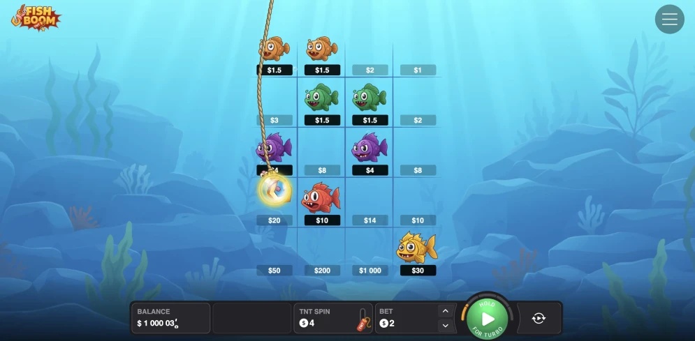 Schermata di gioco principale del gioco digitale a tema marino "Fish Boom TNT".