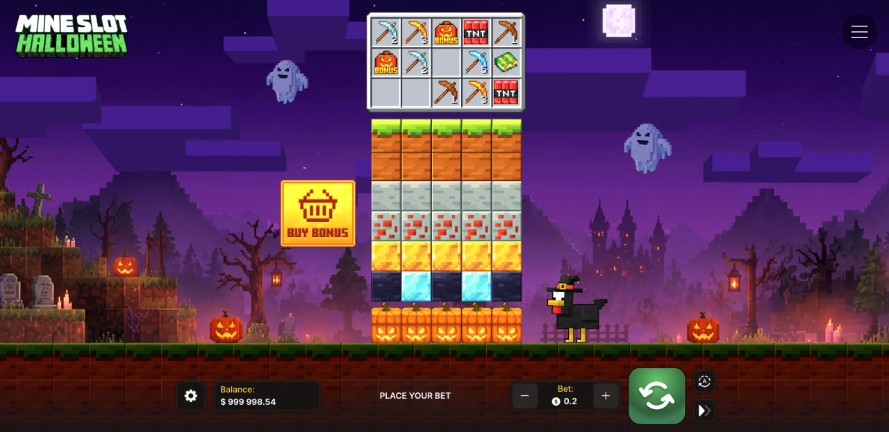 Colonne di blocchi di Mine Slot Halloween con il pannello degli attrezzi e il pulsante Buy Bonus