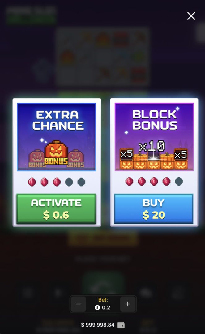 Mine Slot Halloween su smartphone verticale con la finestra Extra Chance e Block Bonus