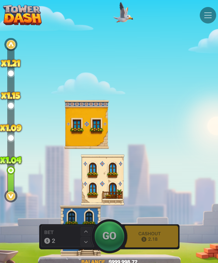 Tower Dash in verticale su smartphone con i pulsanti Go e Cashout
