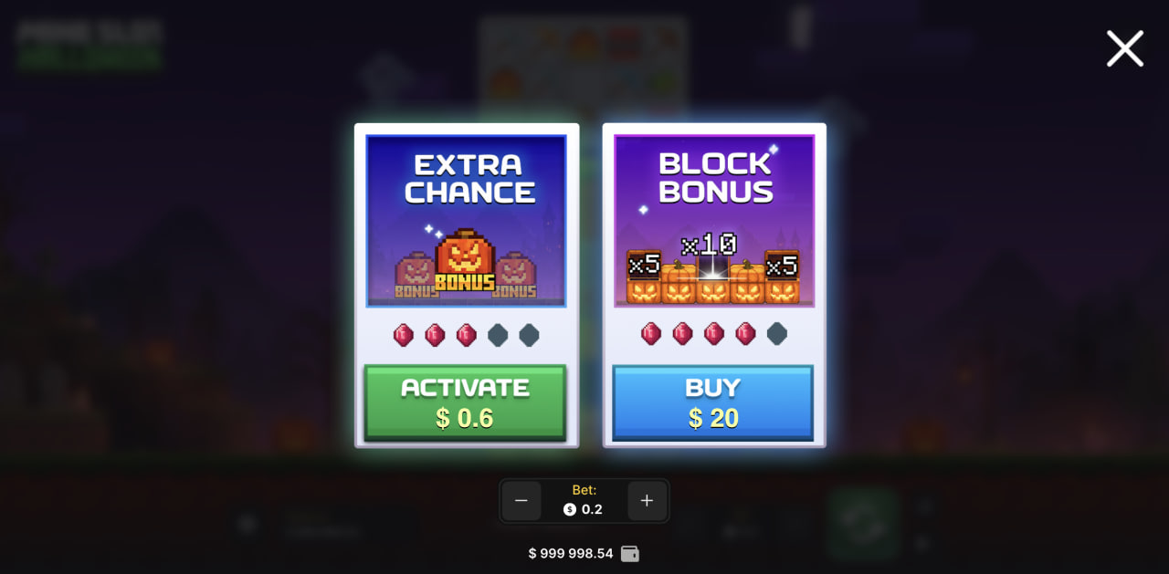 Finestra delle opzioni Extra Chance e Block Bonus di Mine Slot Halloween su schermo desktop