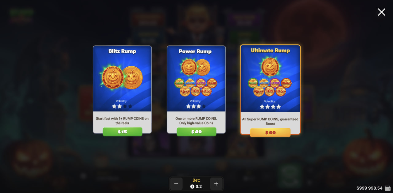 Menu dei tre Buy Bonus di Rump & Halloween su computer con prezzi e stelle