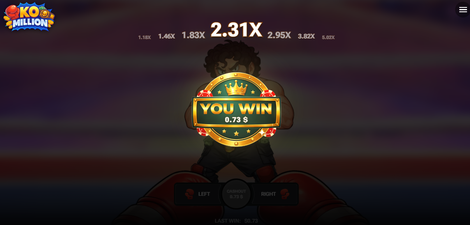 Schermata You Win di KO Million dopo un incasso a 2,31x