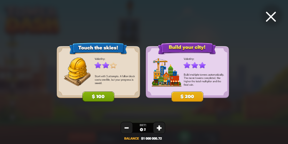 Schermata Bonus Buy di Tower Dash con Touch the skies e Build your city