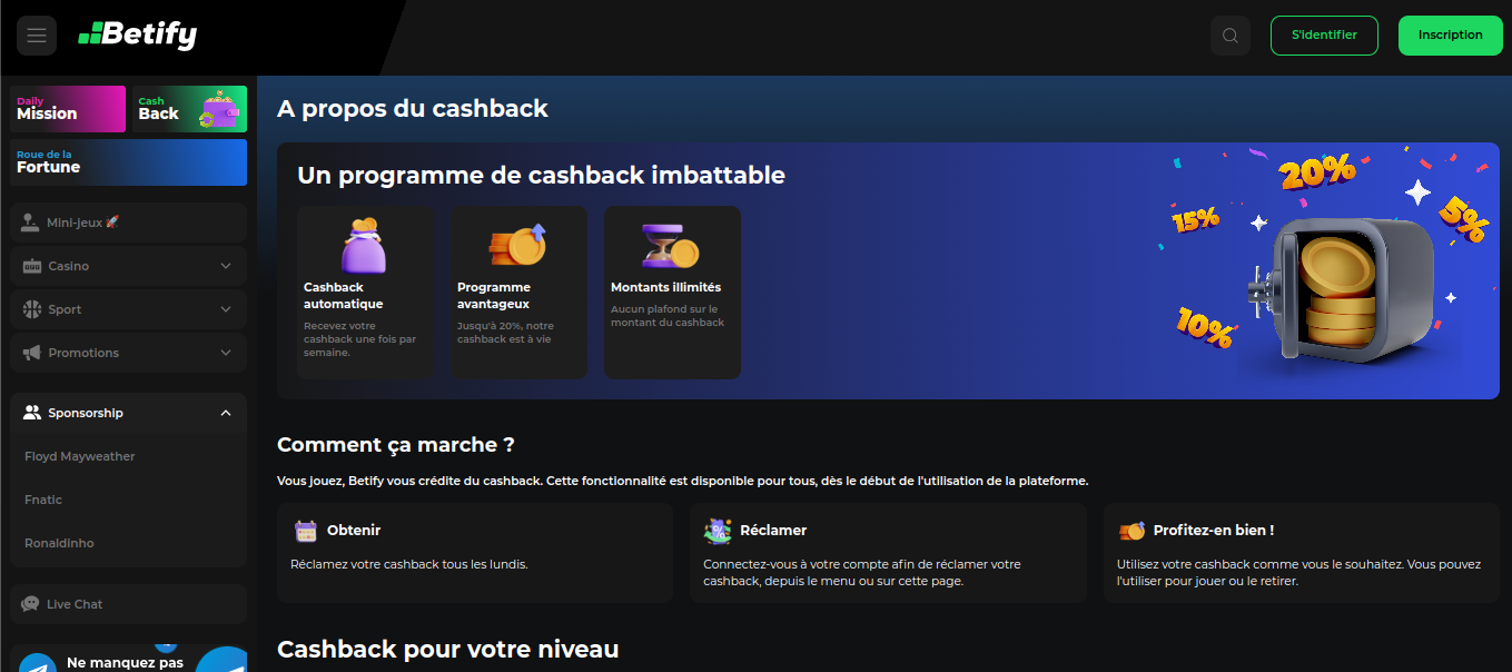 Schermata Betify che illustra il cashback di ogni settimana