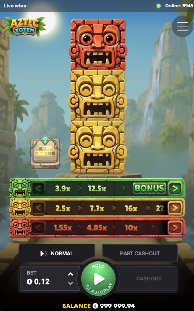 Aztec Totem in verticale su smartphone con totem e pulsanti di incasso