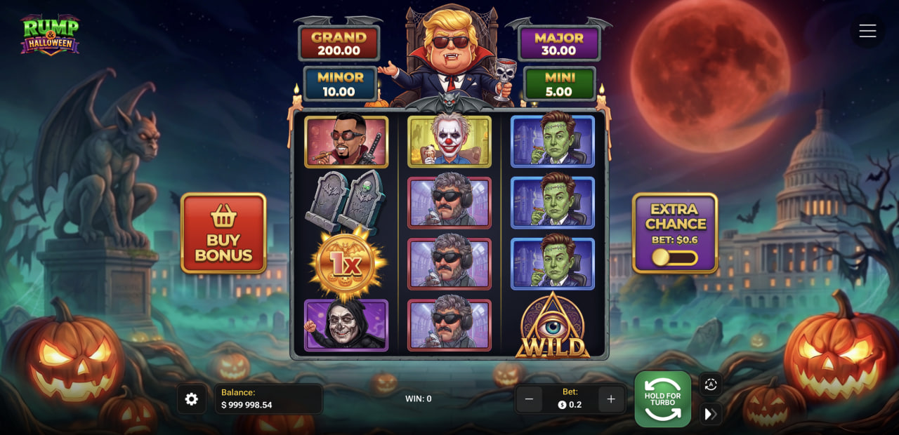 Schermo di Rump & Halloween con griglia 3x4, i quattro jackpot, Buy Bonus ed Extra Chance