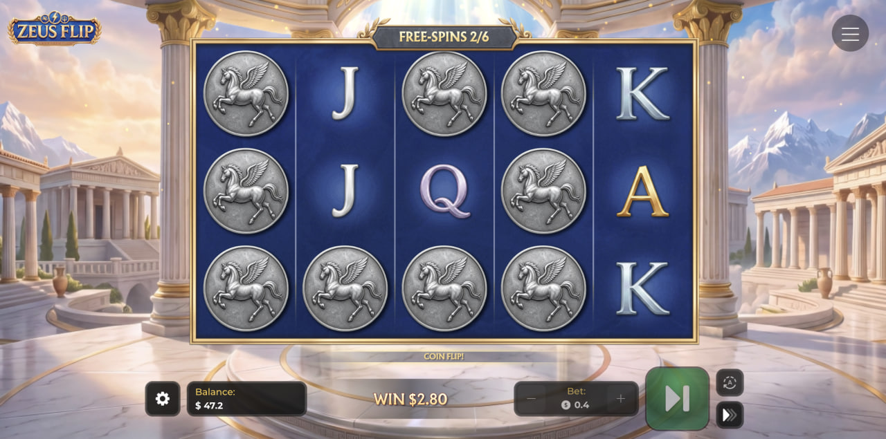 Monete Pegaso aggiunte dal Coin Flip sui rulli di Zeus Flip durante i giri gratis