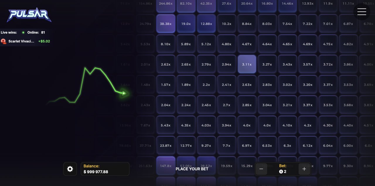 Pulsar su computer con griglia di caselle viola e coefficienti, guida, demo gratis e gioco con soldi veri